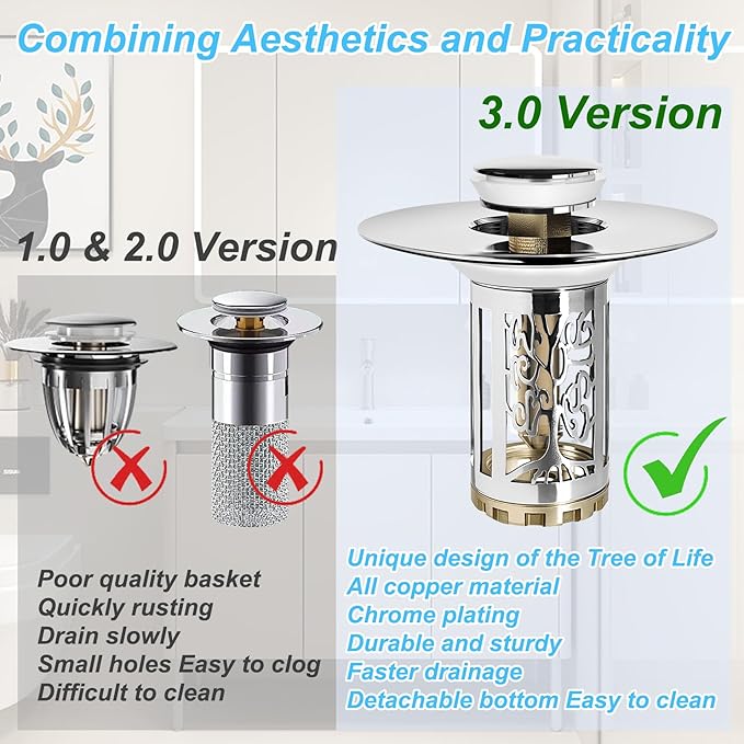 Bathroom Sink Drain Stopper, Bathroom Sink Drain Strainer with Pop Up and Removable Hair Catcher Basket, Universal for 1.06 to 1.6in Sink Drain, Chrome Silver