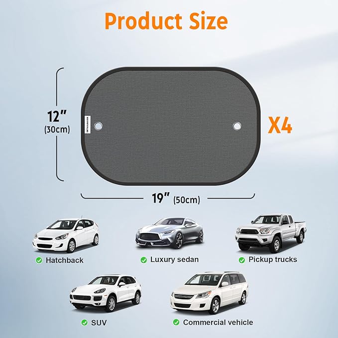 [2025 Upgraded] Car Shades for Side Windows 19"x12"(4 Pack),Sun Shade for Window with 8 Suction Cups,Car Window Shades Can Blocks 99.98% UVR,Window Shade for Baby