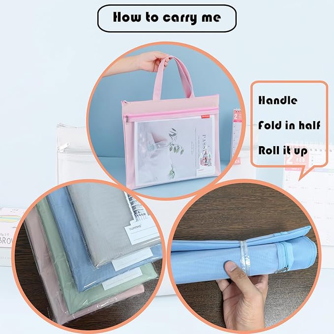 Mesh Zipper Pouch 11x13.7 in, A4 Double Pocket Waterproof File Bag with Handle, Document Storage for School/Travel/Office/Puzzle (Gray, 2pcs)