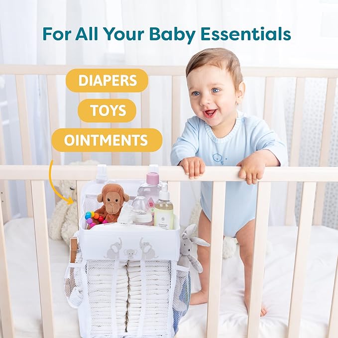 Hanging Diaper Caddy Baby Organizer - Diaper Caddy Organizer Baby Essentials for Newborn Nursery - Holds 50+ Diapers - 17x9x9 Inches, White