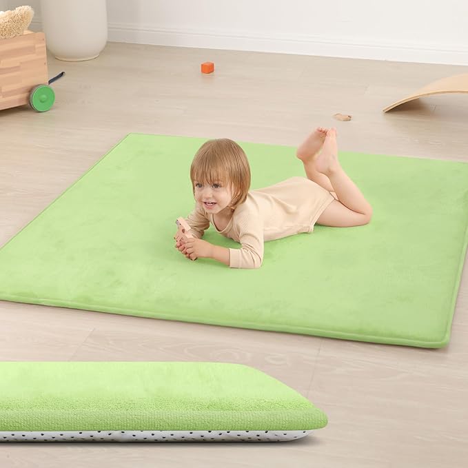 Baby Play Mat for Floor,1.3" Thick Elasti-Foam 50"×50" Playpen Mat for Tummy Time, Soft Coral Velvet for Toddler,Infant,Kids,Non-Slip Backing Safe for Crawling (Sage Green)