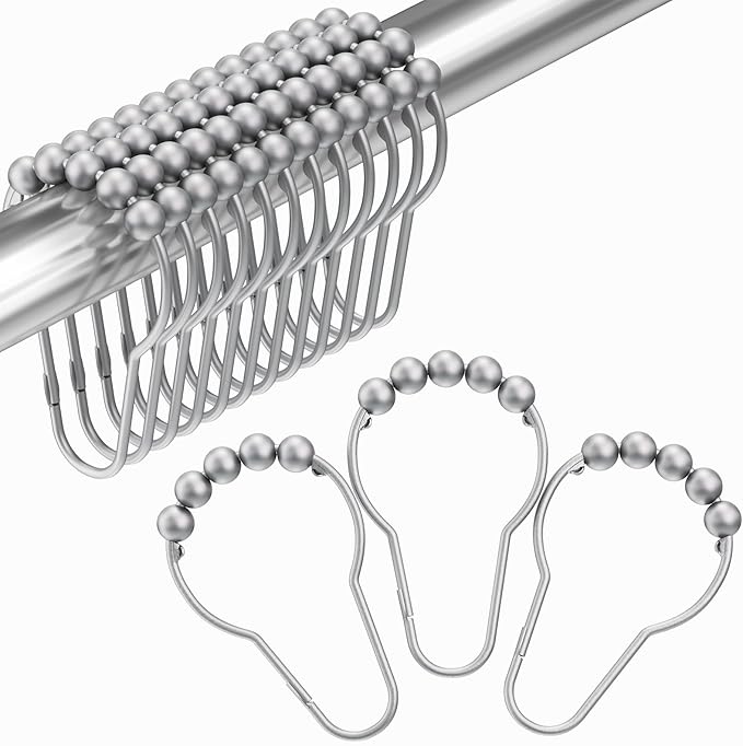 Amazer Shower Curtain Hooks, Decorative Shower Curtain Hooks Rust Proof Stainless Steel Shower Curtain Hooks, Shower Hooks for Shower Curtain Bathroom 12PCS, Space Silver