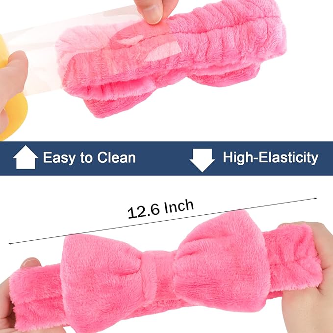 Ondder Spa Headband for Washing Face, Rose Red Terry Cloth with Cute Bow, Skincare Headbands for Women Girls, 8 Pack