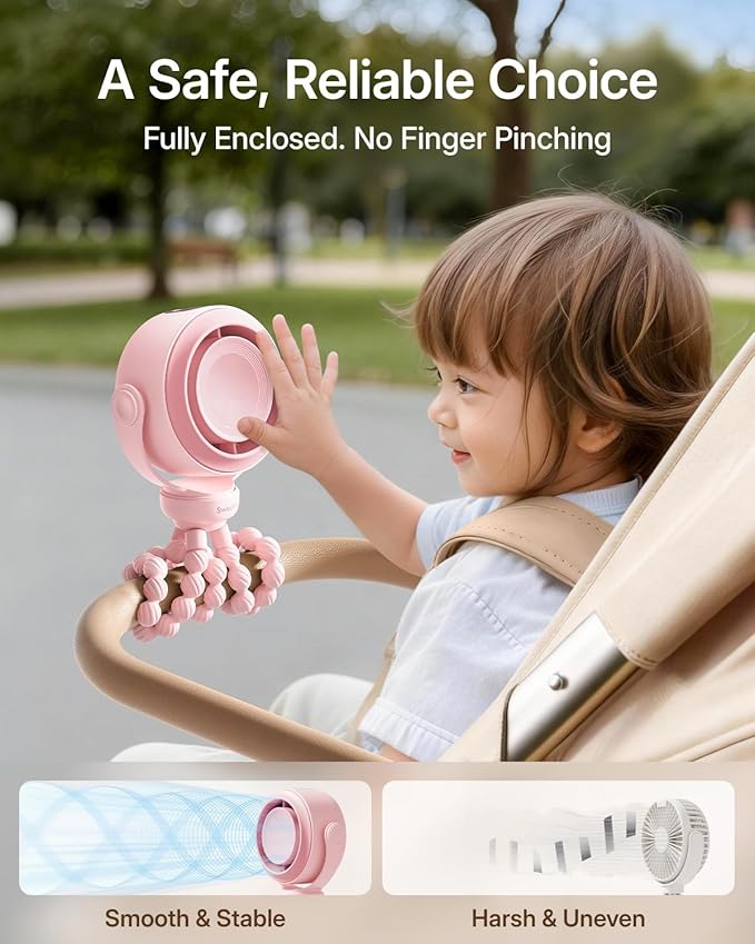 SWEETFULL Portable Stroller Fan, Pinch-Proof Baby Fan, 10H Battery, 5-Speed Quiet Mini Clip on Fan, USB-C Rechargeable with LED Display for Car Seat, Crib & Travel - Pink