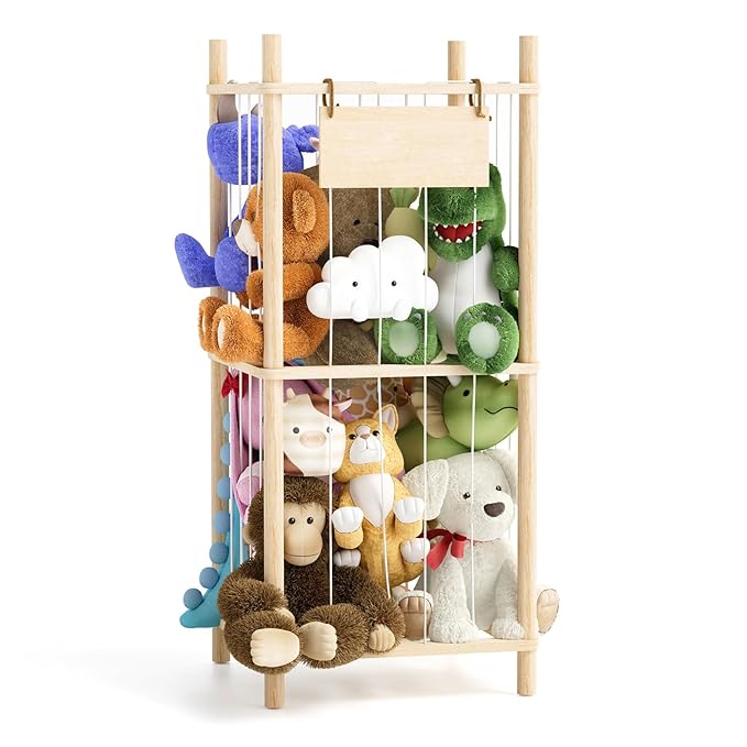 Dayacoco Stuffed Animal Storage, 2 Layer Wood Stuffed Animal Organizer Zoo, Toy Stuffy Storage Bin with Elastic Band and Net for Nursery Play Room Bedroom (Pine Wood)