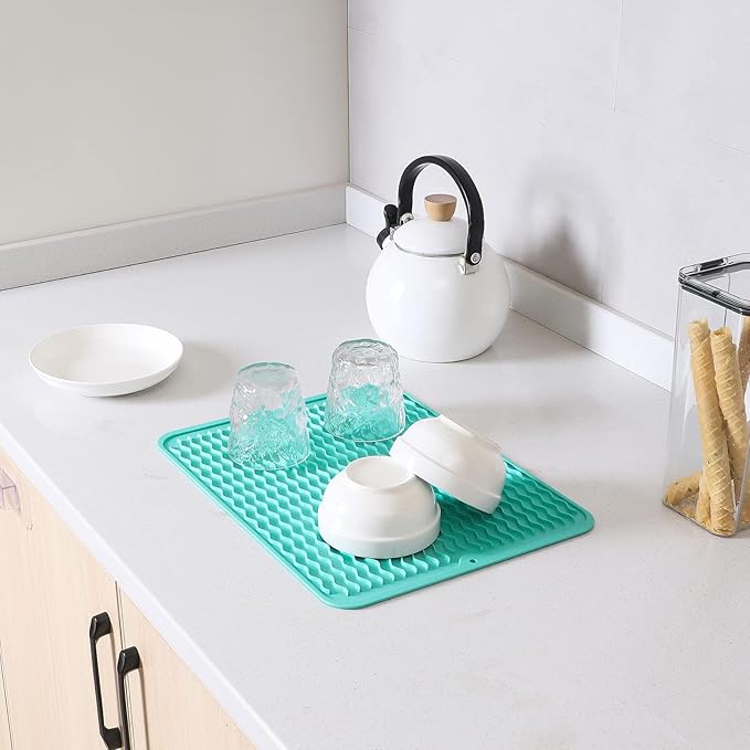 MicoYang Silicone Dish Drying Mat for Multiple Usage,Easy clean,Eco-friendly,Heat-resistant Silicone Mat for Kitchen Counter or Sink,Refrigerator or drawer liner Mint L 16 inches x 12 inches