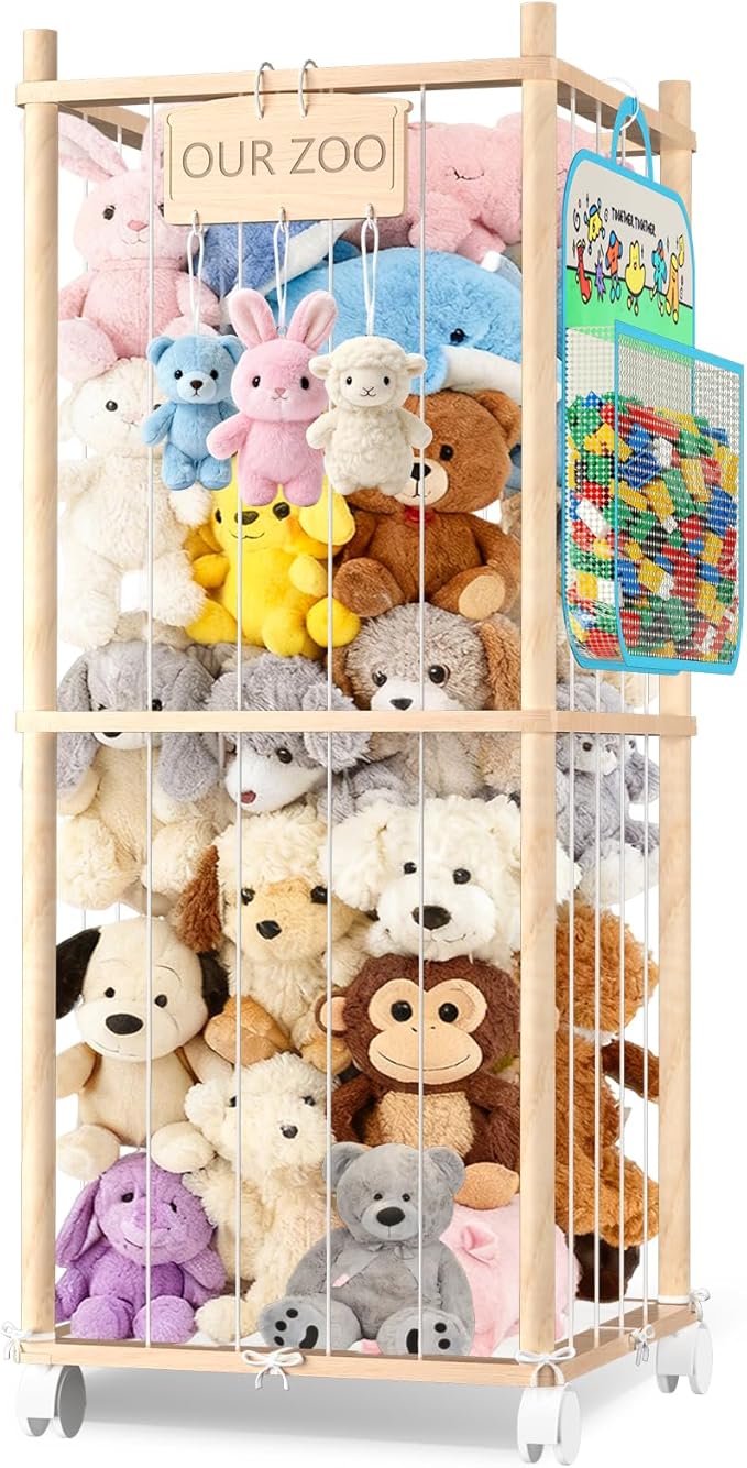 DUOQNY 34-Inch Stuffed Animal Storage Organizer with Bag & Plaque - Large Capacity Wood Toy Cage for Plush Toys, Nursery, Playroom, Kids Bedroom - Toy Storage for Small Objects, Gift for Girls Boys