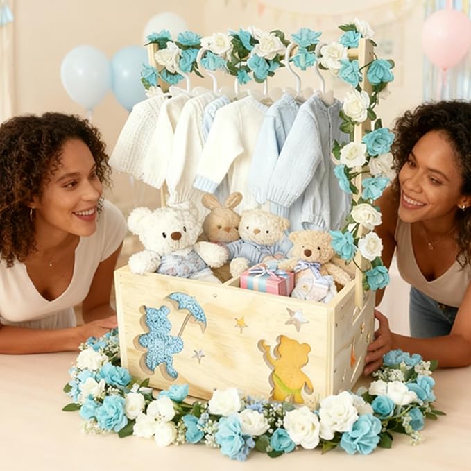 Wooden Baby Shower Crate Closet with Hanger Rack, Baby Shower Basket, 6 Baby Hangers, Removable Divider Board, Greenery Garland, Tools, Nursery Storage Organizer, Boys & Girls