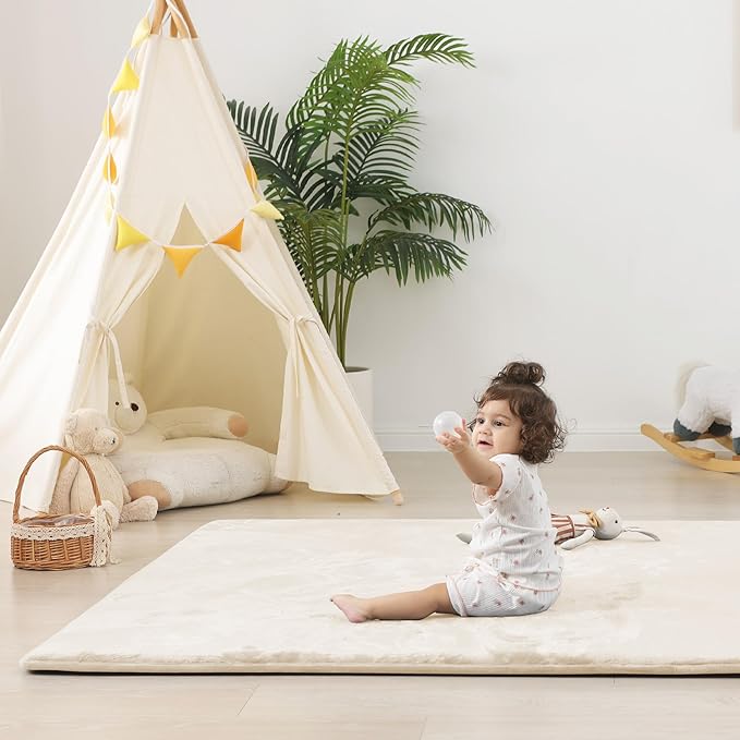 1.5" Thick Baby Play Mat for Floor, 79x79 Playpen Mat, Pro Soft Flannel Foam Mats Toddler Infant Kids Crawling for Nursery Rug Playroom Living Room Waterproof Easy Care Non-Slip (Beige)