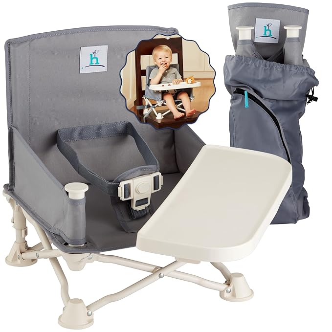 Hiccapop OmniBoost Travel Booster Seat with Tray for Baby, Dining Table, Camping, Beach, Grandma’s | Folding Portable Tip-Free Design Straps to Kitchen Chairs