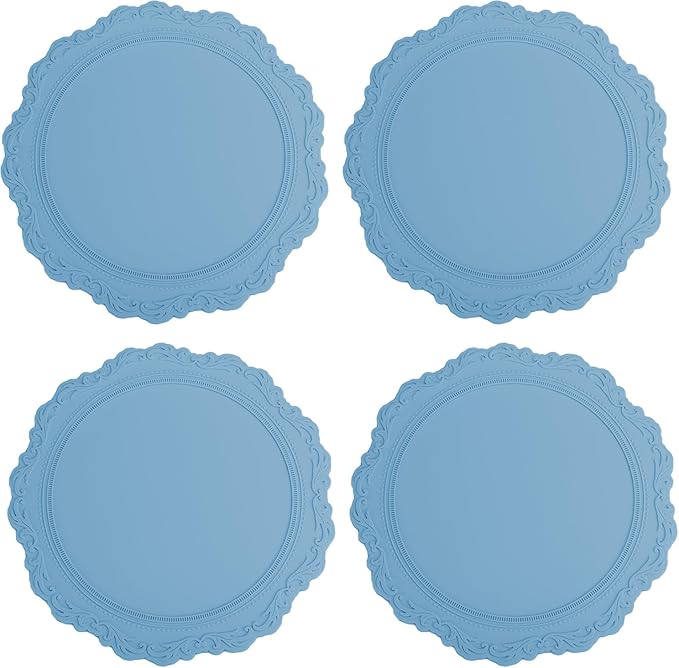 Round Silicon Placemats Set of 4, 13.38" Thick European Style Non-Slip Easy Clean Table Place Mats Decor, Blue