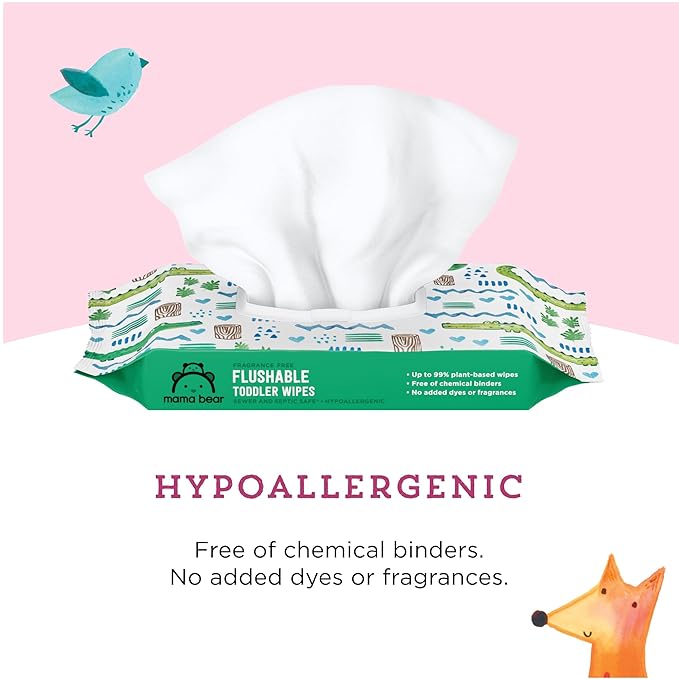 Amazon Brand - Mama Bear Flushable Toddler Toilet Wipes, Unscented, Formulated without Fragrance, Hypoallergenic, Plant-Based, Septic Safe, 336 Count, 8 Packs of 42