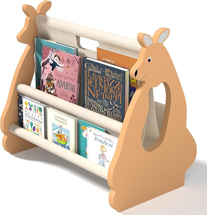 Lullulii Double Sided Kids Bookshelf – 2 Tier Portable Toddler Bookshelf, Book Shelf for Kids Rooms & Playroom, Cute Kangaroo Design Wooden Montessori Baby Bookshelf,Toddler Book Display Shelves,Brown