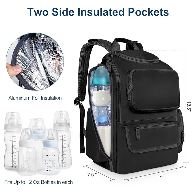 Mancro Diaper Bag Backpack, Multifunctional Dad Diaper Bag with 2 Side Insulated Pockets, Travel Water Resistant Baby Diaper Backpack for Men Women with Stroller Straps, Black