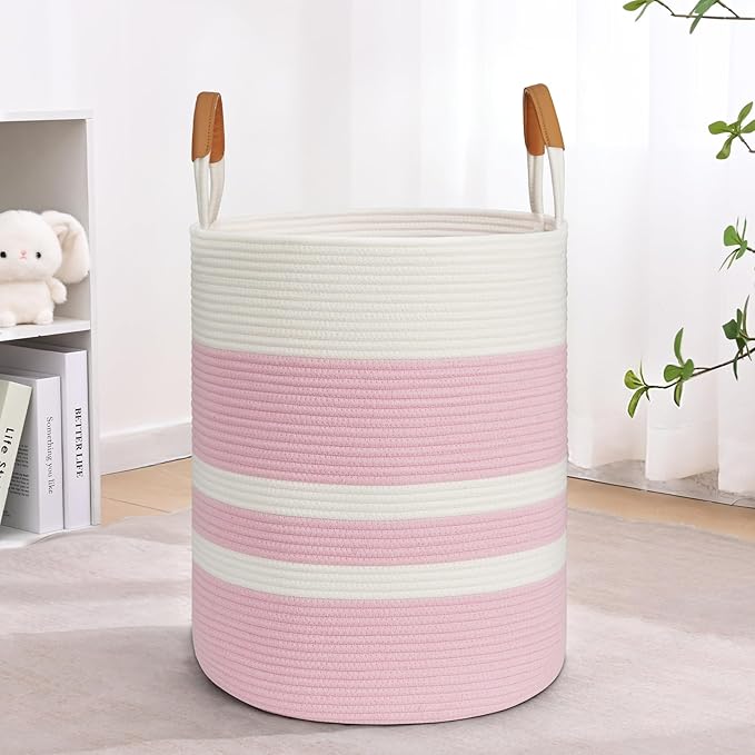 Degeyoyo 60L Striped Laundry Basket, Pink Laundry Hamper with Leather Handles, Woven Cotton Rope Storage Bin for Blankets, Nursery Hamper for Clothes, Toys In Bathroom, Livingroom, Bedroom