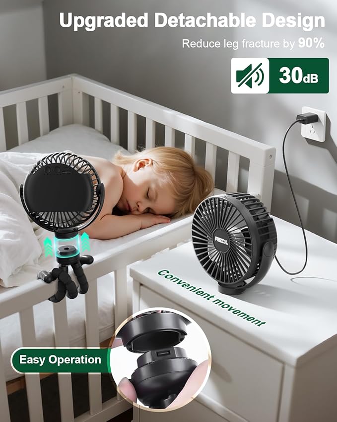 FRIZCOL Portable Stroller Fan, Use As Power Bank, 65H 12000mAh Battery Operated Fan Flexible Tripod Baby Car Seat Fans with Timming, Personal Mini Handheld/Desk/Small Clip On Fans For Stroller