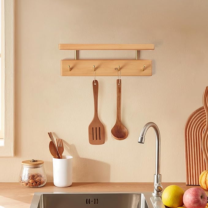 Mayhas Solid Wood Shelf with Hooks, 12 inch Coat Rack Wall Mount, Shelves with 4 Brass Hooks for Hanging in Entryway, Living Room, Bathroom, Bedroom, Kitchen(Beechwood)