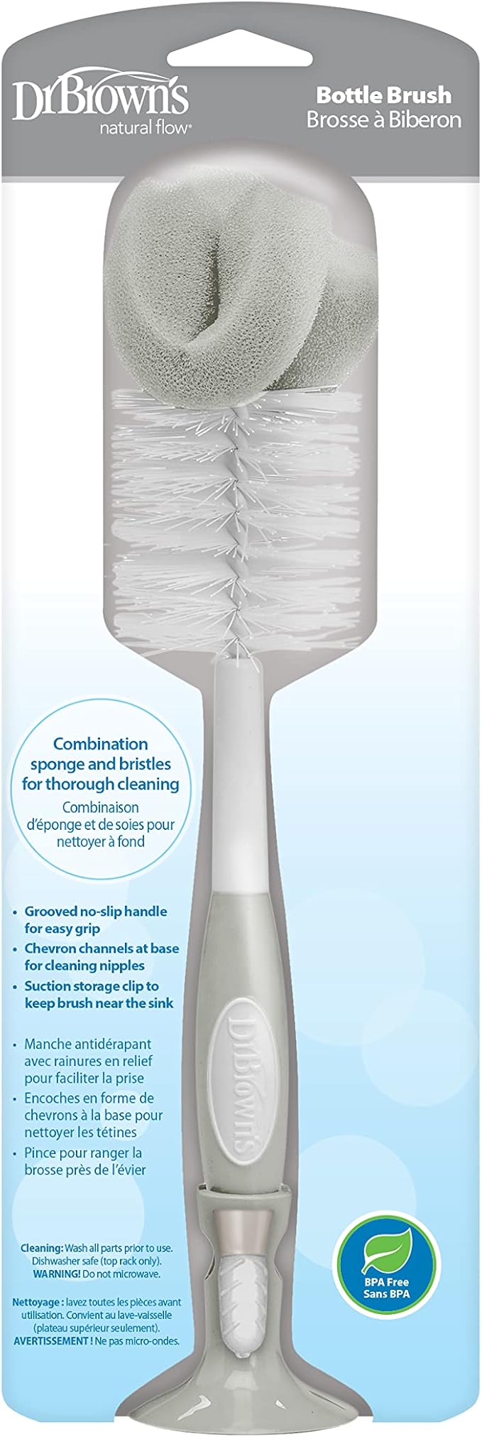 Dr. Brown's Reusable Sponge Baby Bottle Cleaning Brush with Suction Cup Stand, Scrubber and Nipple Cleaner, BPA-Free, Gray, 1-Pack