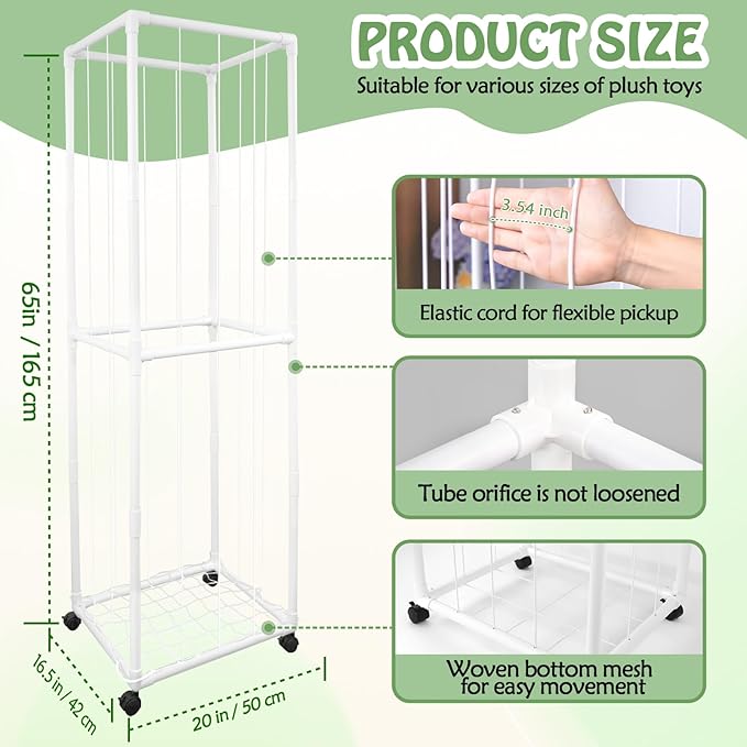 Stuffed Animal Storage Zoo with Wheels, 65" Tall Large Stuff Animals Plushies Holder Toy Organizer Kids Plush Storage Cage PVC with Elastic Band and Net for Nursery Playroom Corner for Toddler