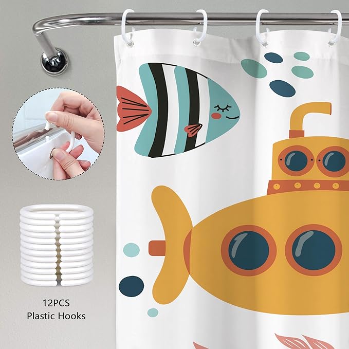 Kids Shower Curtain Ocean Cute Cartoon Whale Funny Kid Bathroom Set Underwater Coastal Submarine Fish Animal Nursery Baby Boys Girls Children 72Wx72H Bath Curtain Fabric Polyester 12 Pack Hooks