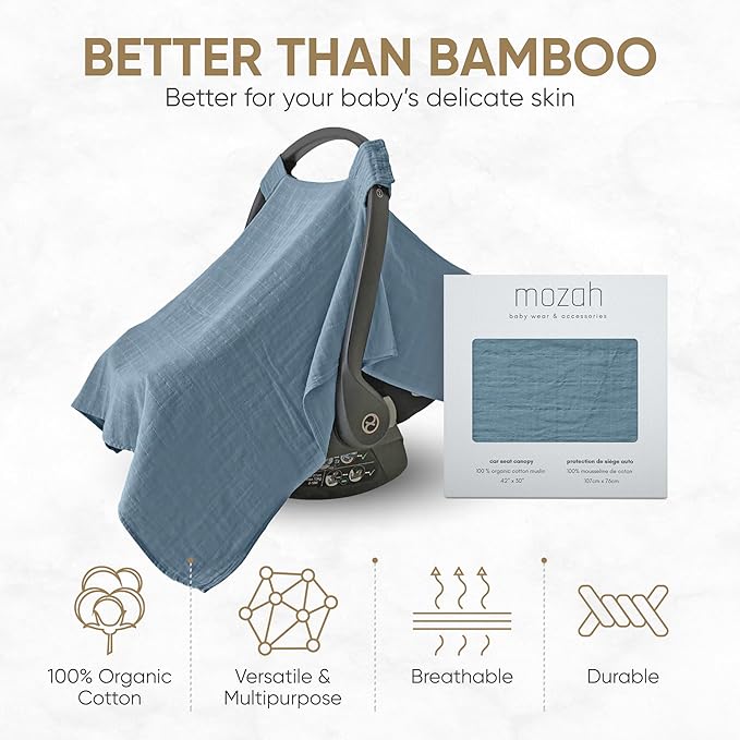 MOZAH Baby Car Seat Cover, Versatile Nursing Cover, Infant Car Seat Protector, Breathable Organic Cotton Muslin, Essential Newborn and Nursery Must-Haves, Unisex, Blue Mirage
