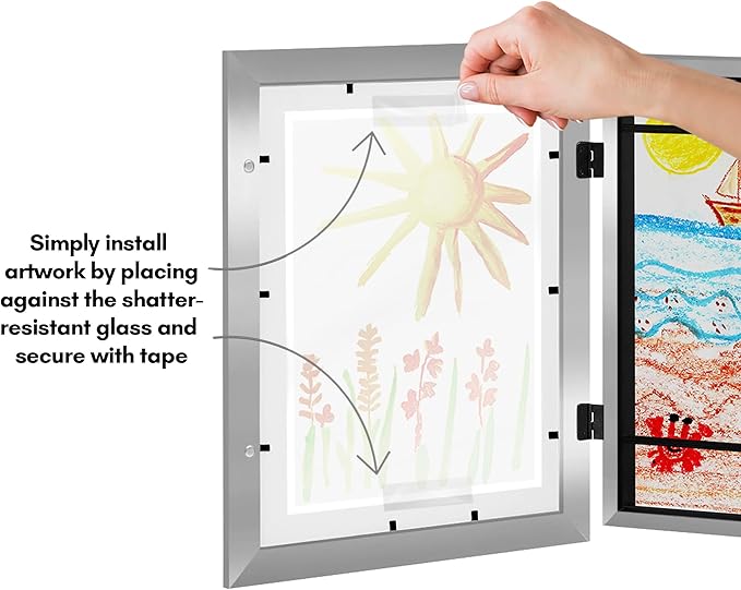 Americanflat Kids Artwork Frame Changeable (Silver) - Magnetic Door Holds 100 Art Pieces - 8.5x11 Letter Size Display with Mat or 10x12.5 Without Mat - My Mini Masterpiece