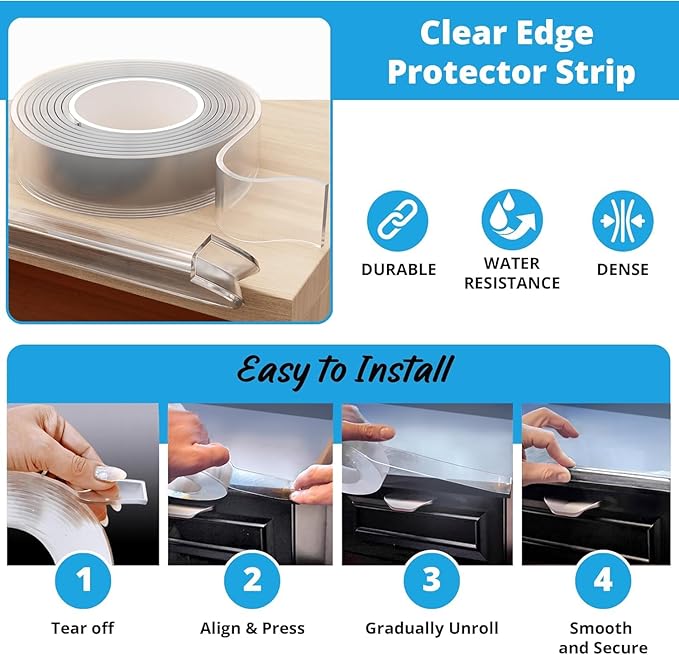 Furniture Corner & Edge Safety Bumpers, 16ft Edge Protector & 4 Clear Corner Protector Baby Proofing. Clear Corner Guards for Corner Table Protector for Kids. Cabinet Edge Protector & Corner Bumpers