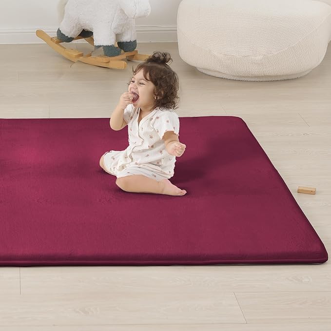 1.3" Thick Baby Play Mat for Floor, 79x79 Playpen Mat, Pro Soft Flannel Foam Mats Toddler Infant Kids Crawling for Nursery Rug Playroom Living Room Waterproof Easy Care Non-Slip (Burgundy)