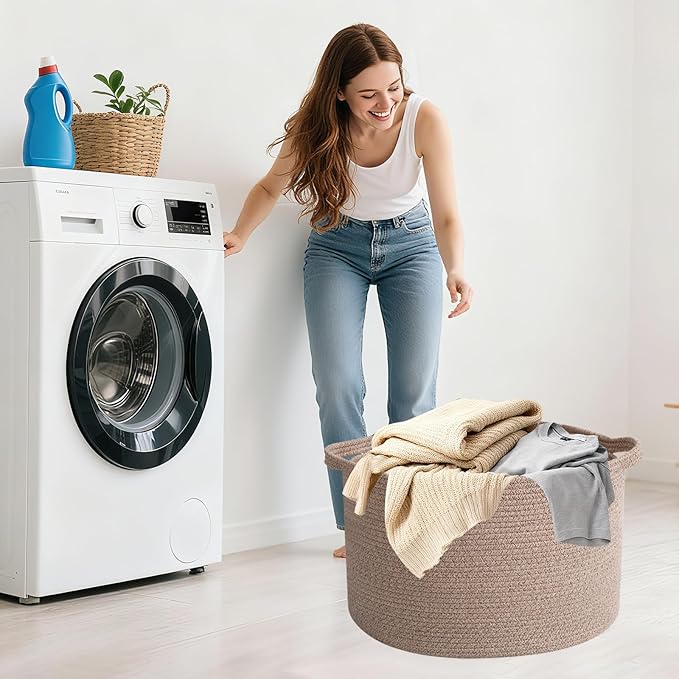 90L Large Blanket Basket,21.7"L x 21.7"W x 13.8"H Rope Woven Baskets with Handles, Toys Storage Bins,Laundry Basket Perfect for Living Room, Nursery,Bedroom,Home Organization,Brown