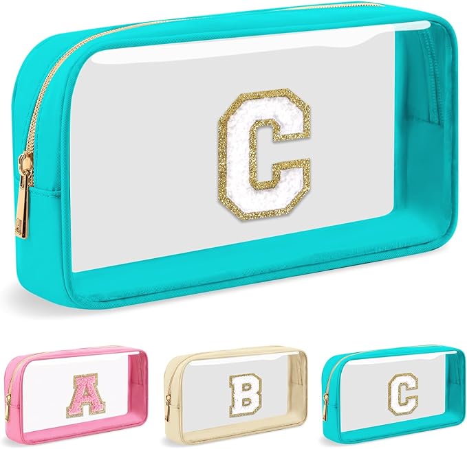 Personalized Initial Letter Clear Makeup Bag,Preppy Small Nylon&PVC Cosmetic Zipper Bag with Chenille Letter,Portable Beach Travel Skincare Toiletry Bag,Trendy Monogram Gift for Teen Girls Women,C