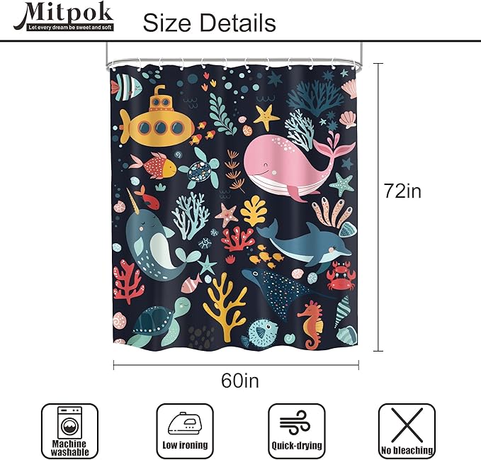 Kids Shower Curtain Ocean Whale Cute Cartoon Funny Sea Animal Fish Bathroom Decor Underwater Coastal Submarine Nursery Baby Boys Girls Black 60Wx72H Bath Curtain Fabric Polyester 12 Pack Hooks