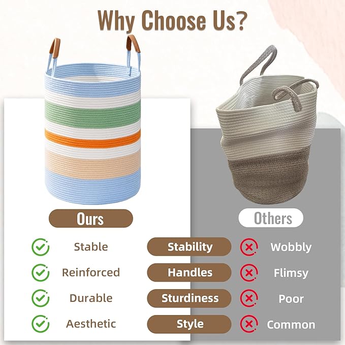 Degeyoyo 60L Striped Laundry Basket, Rainbow Laundry Hamper with Leather Handles, Woven Cotton Rope Storage Bin for Blankets, Nursery Hamper for Clothes, Toys In Bathroom, Livingroom, Bedroom