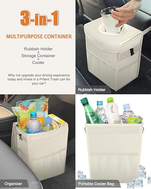 Car Trash Can with Lid, Cute Leakproof Car Trash Garbage Bag Hanging Vehicle Trash Bin Small Portable Automotive Garbage Cans Organizer for Back/Front Seat(Trapezoid,Ivory
