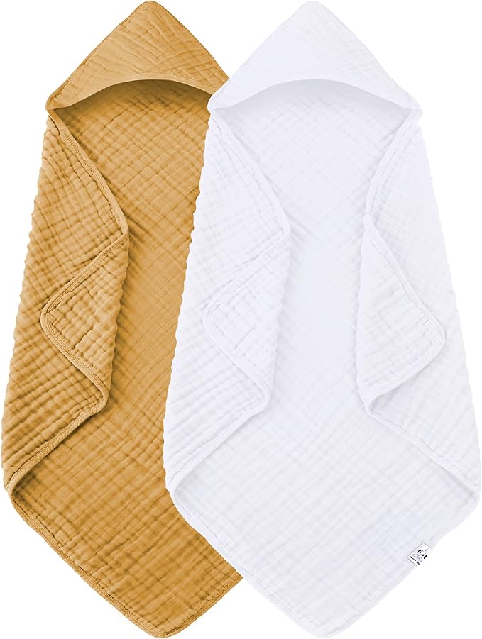 Spotted Play 2 Pack Hooded Baby Towels - 100% Muslin Cotton for Newborns, Infants, Toddlers - Large 32x32Inch Size - Highly Absorbent and Essential for Newborn Care, White and Honey