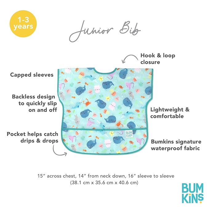 Bumkins Short Sleeve Bib for Girl or Boy, Toddler and Kids for 1-3 Years, Large Size, Essential Must Have for Junior Children, Eating, Mess Saving Soft Fabric Apron for Play, Ocean Life Blue