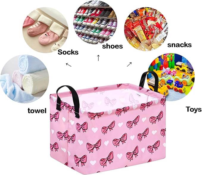 DUYIY Rectangle Pink Bowknot Gift Storage Basket Home Shelf Storage Basket Organizer Box Clothes Laundry Hamper Nursery Basket Laundry Basket with Handles