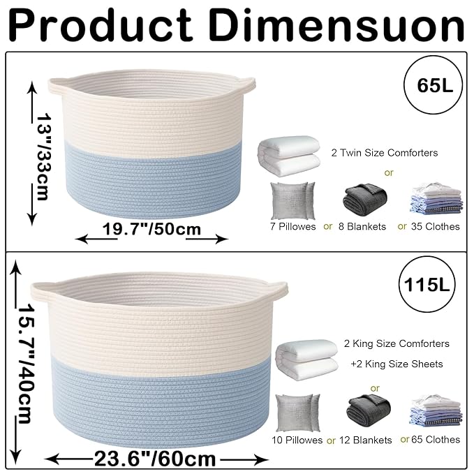 Large Storage Basket with Handle,23.6" x 23.6" x 15.7" Blanket Basket Storage Bins for Organizing,115L Cotton Rope Woven Baskets for Living Room, Nursery,Bedroom,White&Blue