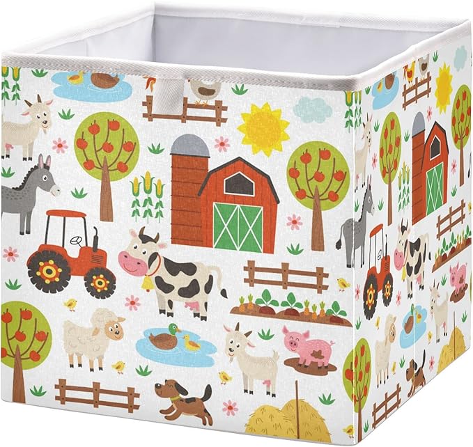Kigai Farm Animals Cube Storage Bin, Large Foldable Organizer Basket for Toys, Shelves, Laundry, Nursery -11 x 11 x 11 in