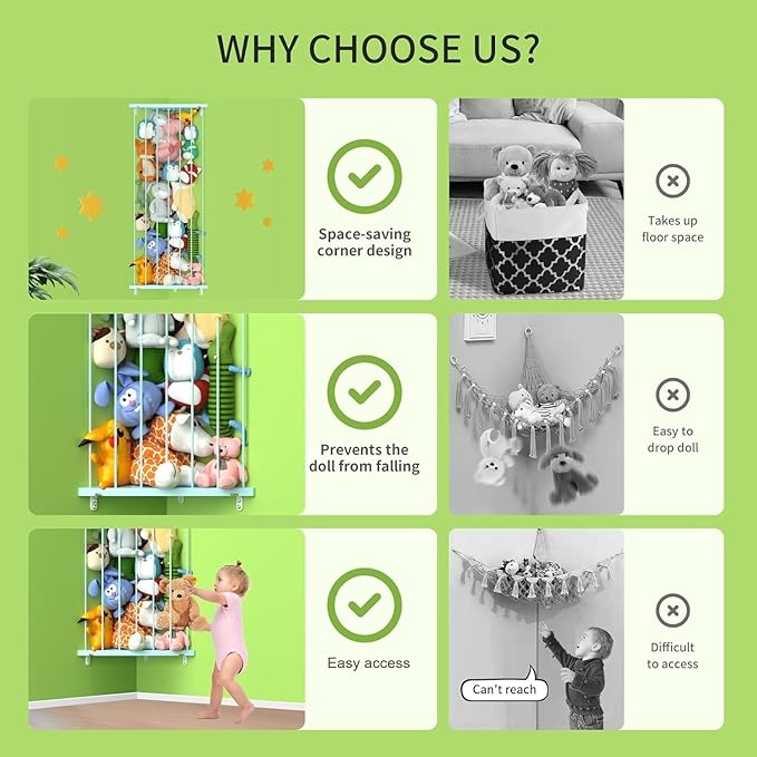 Stuffed Animal Storage Shelf Organizer(Patented) - Corner Stuffed Animal Holder Length Adjustable - Wall Plush Storage for Nursery Playroom Bedroom Kids Room (Macaroon Blue, Standard)
