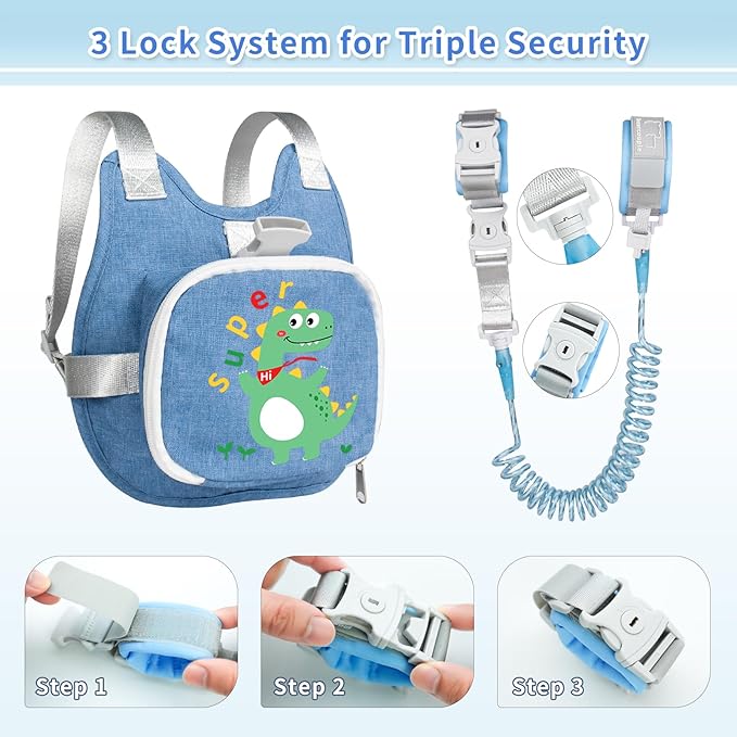 Toddler Harness Backpack Leash with Wrist Link | Cute Dinosaur Anti-Lost Walking Strap for Kids | Foldable & Adjustable Child Safety Belt for Boys & Girls