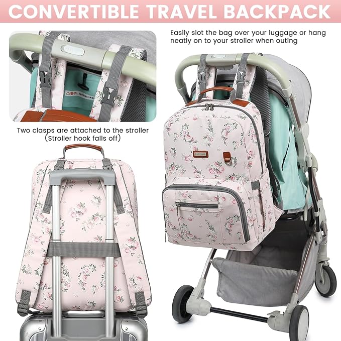 BILLITON MASHI Diaper Bag Backpack, Large Baby Nappy Bags with Portable Changing Pad for Boys and GirlsMultifunction Travel Baby Bag for Moms Dads, Shower Gifts Waterproof and Stylish，Flower Pink