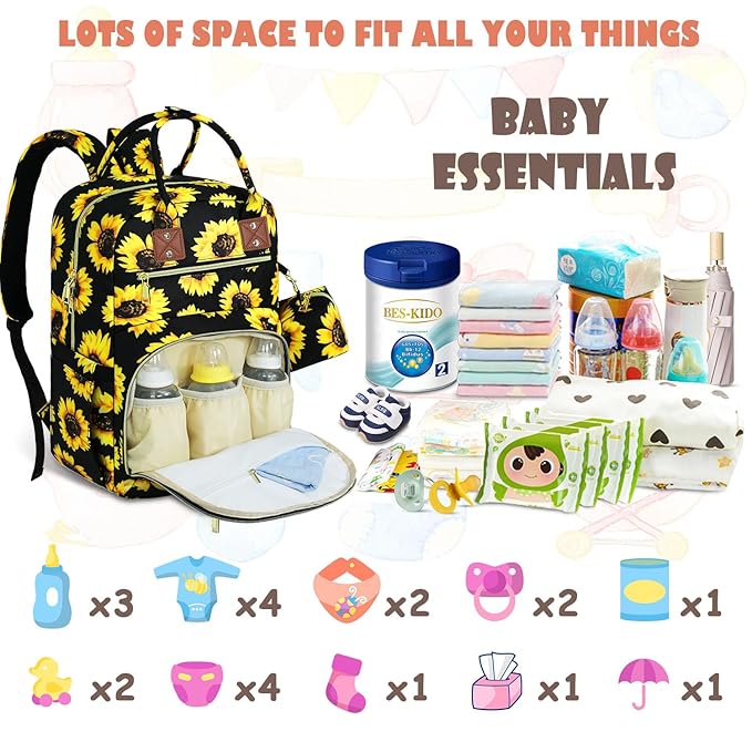 Tenot Baby Diaper Bag Backpack, Travel Diaper Bags for Baby Girl Boy Large Capacity Baby Bag Backpack for Women Sunflower