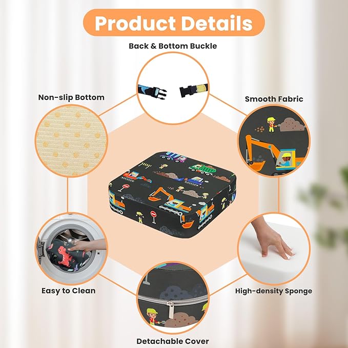 Toddler Booster Seat for Dining Table, 4" Kids Booster Seat for Kitchen Chair with Non-Slip Bottom, Portable Detachable Washable Increasing Cushion with 2 Adjustable Straps (Excavator)