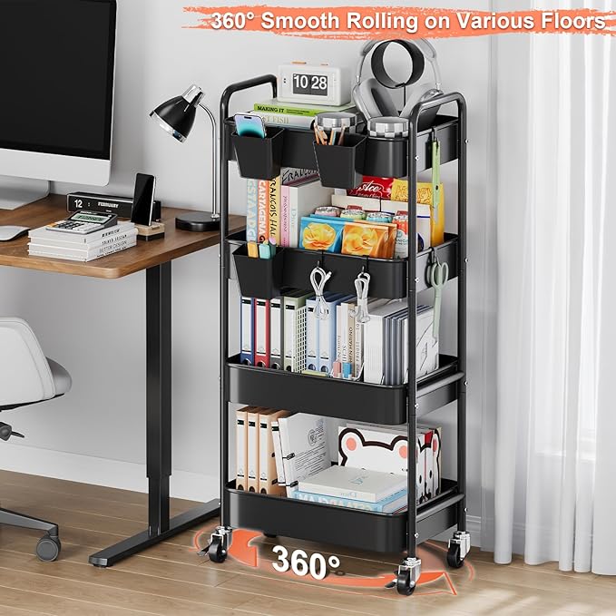 4-Tier Metal Rolling Cart with Wheels, Storage Utility Organizer Cart for Kitchen, Bathroom, Office, Baby Essentials & Makeup - Lockable Casters, Easy Assembly, Large Capacity, Black