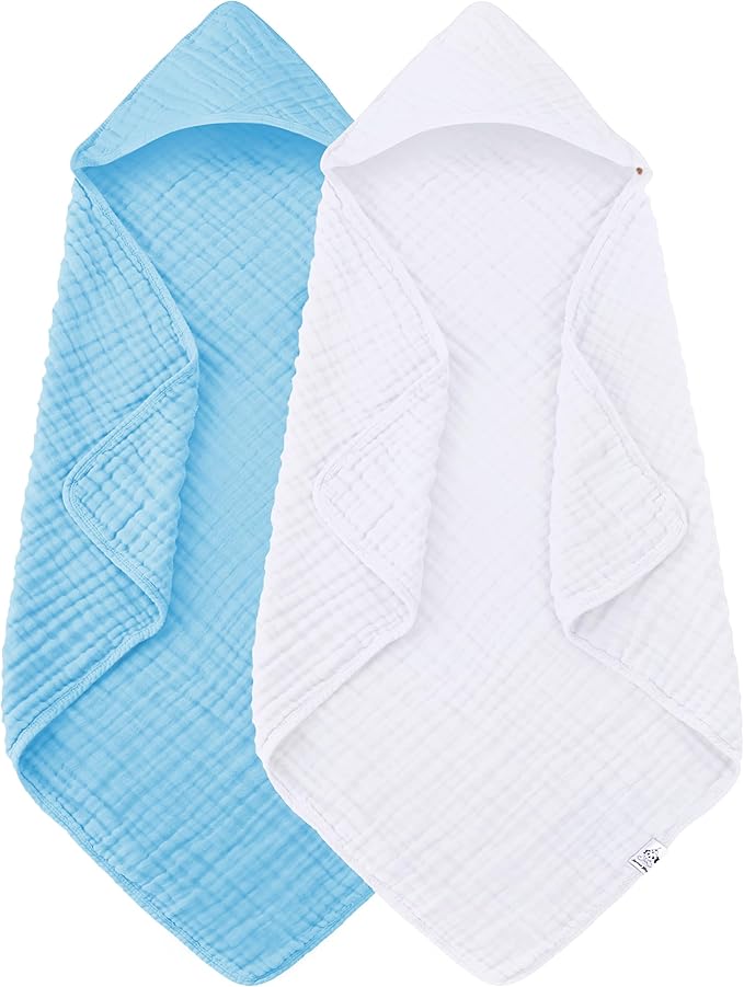 Spotted Play 2 Pack Hooded Baby Towels - 100% Muslin Cotton for Newborns, Infants, Toddlers, and Kids - Large 32x32Inch Size - Highly Absorbent and Essential for Newborn Care, White and Aqua