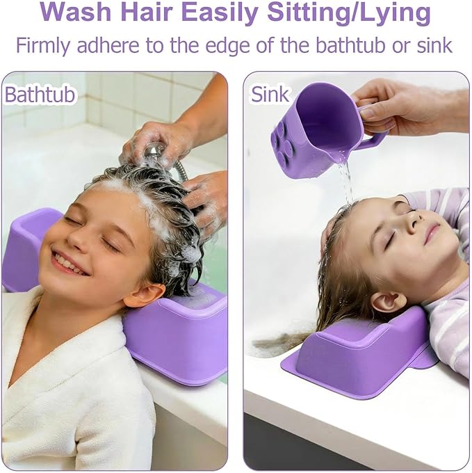 nestery Hair Washing Station for Kids, Silicone Portable Shampoo Bowl and Elderly with Rinse Cup & Scalp Massager, Hair Washing Basin for Sink or Bathtub at Home with Neck Support Purple
