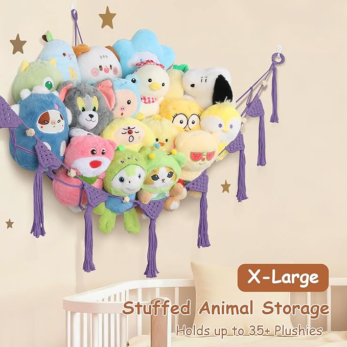 Stuffed Animal Net Hammock Corner, 57 Inch Large No Drilling Handcrafted Toy Hammock Plushie Net, Natural 100% Cotton Boho Macrame Stuffy Storage Toy Net Organizer for Kid Room Nursery Decor(Purple)