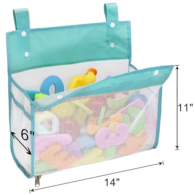 Bath Toy Organizer Multiple Ways to Hang, Extra Large Opening Bathroom Toy Holder, Bottom Zipper Bathtub Toy Storage Bag (Blue)