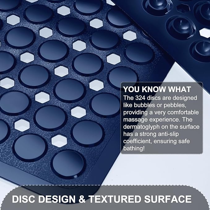 TEESHLY Bath Mat for Tub & Shower, Non Slip Soft Bathmat with Suction Cups & Drain Holes, Machine Washable Bathtub Floor Liner Mats for Bathroom, 35x16 Inch, Navy Blue