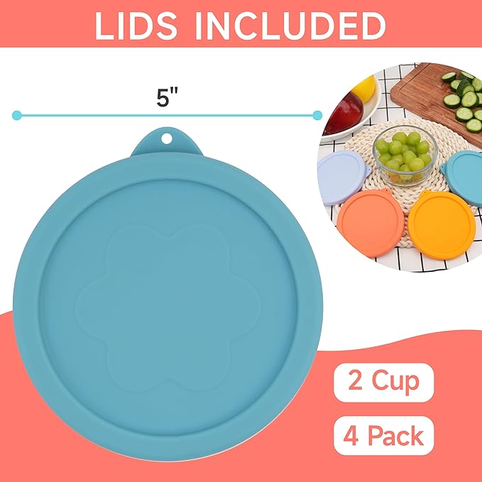 LUVCOSY 2 Cup Silicone Replacement Lids Storage Cover for Anchor Hocking Glass Bowls (Container not Included) 4 Pack Microwave, Dishwasher and Freezer Safe